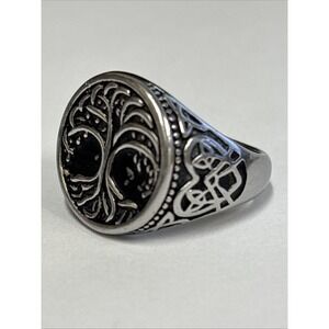 Viking Celtic Tree of Life Band Ring Stainless Steel, Black/Silver Size 8